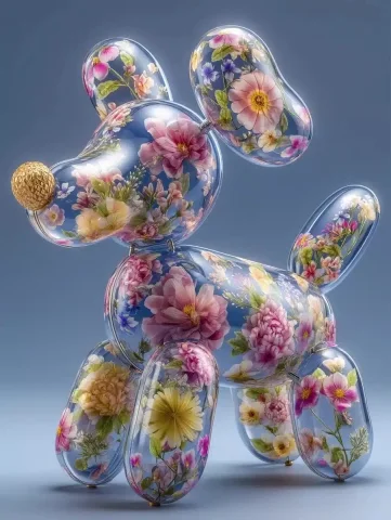 Floral Glass Balloon Dog — Midjourney v6 AI Prompt: The balloon dog shape is made of transparent, inflatable material, with small fl...