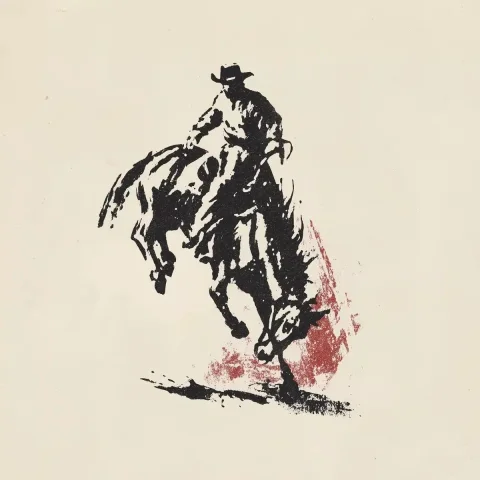 Vintage Cowboy on Bucking Horse — Midjourney v6 AI Prompt: Side pose of cowboy trying to stay on a sideways-bucking horse drawn in Western...