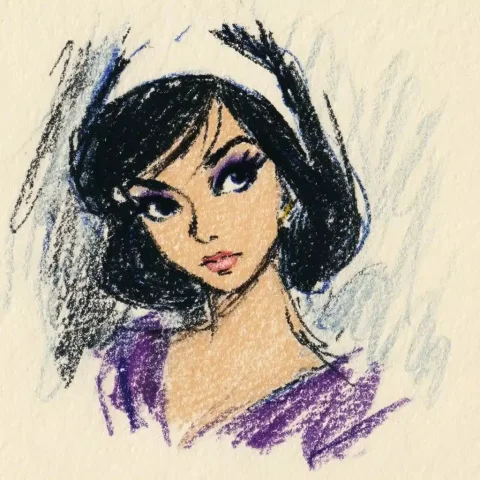 Mod Iranian Woman Illustration — Midjourney v6 AI Prompt: drawn by don bluth, a young 1960s mod woman with big eyes, thick eyeliner, round...