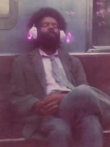 Mystical Subway Portraiture — Midjourney v6 AI Prompt: Vintage candid urban photography by Jamal Shabazz. NYC subway 1986. A man is sit...