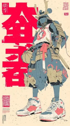 Samurai Basketball Player Poster — Midjourney v6 AI Prompt: A poster of a samurai basketball player, Japanese magazine style, the samurai ha...