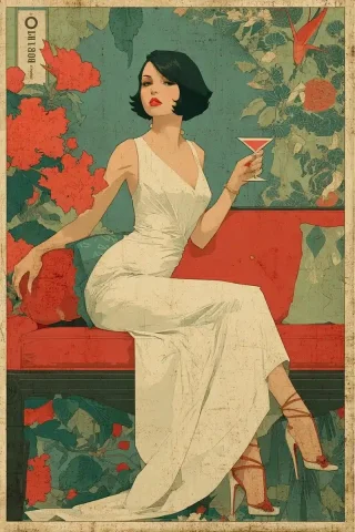 Art Deco Flapper Poster — Midjourney v6 AI Prompt: A vintage poster, a glamorous woman sitting on a red sofa with a martini glass i...