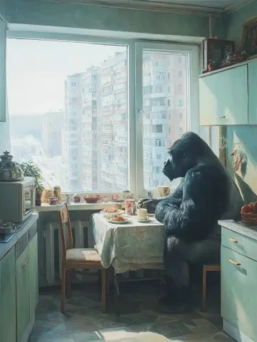 Hyperrealistic Gorilla in Kitchen — Midjourney v6 AI Prompt: gorilla sitting at the kitchen table, Soviet vintage kitchen from inside, window...
