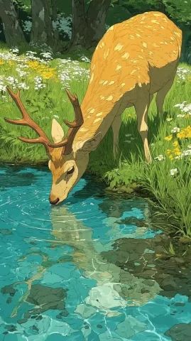 Ethereal Deer by Stream — Midjourney v6 AI Prompt: A beautiful light brown deer with glowing antlers, its whole body shimmering und...