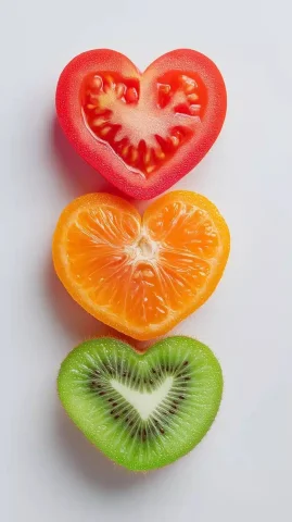 Heart-Shaped Fruit Arrangement — Midjourney v6 AI Prompt: половинка помидора, апельсина и киви в форме милого пухлого сердца стоят в ряд р...
