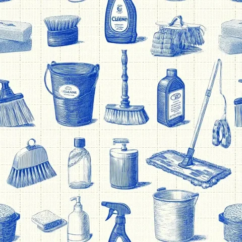 Navy Line-Drawing Cleaning Tools — Midjourney v6 AI Prompt: This pattern features a clean navy blue line-drawing of cleaning tools arranged...