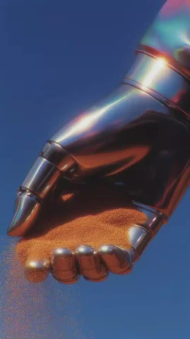 Robot Arm with Gold Sand — Midjourney v6 AI Prompt: mechanical robot arm holding gold sand, black and stainless steel robot wearing...