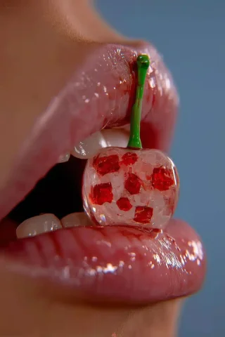 Realistic Cherry in Mouth — Midjourney v6 AI Prompt: une bouche avec une cerise dedans. Les lèvre son brillant. La photo est ultra re...
