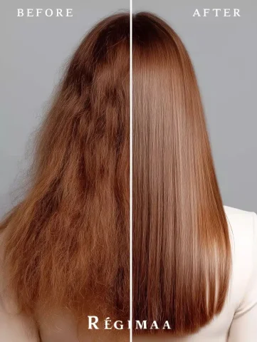 Hair Transformation Photography — Midjourney v6 AI Prompt: A before and after hair treatment photo of the back view of an attractive woman...