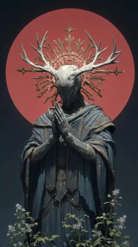 Gothic Cyberpunk Oracle Design — Midjourney v6 AI Prompt: A dark fantasy design featuring a mythpunk oracle with an intricate antlered bro...