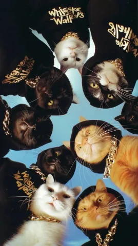 Grainy Cats in Hoodies — Midjourney v6 AI Prompt: Grainy photo taken by a disposable camera. Viewed from a bottom - to - top angle...
