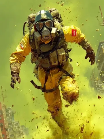Hazmat Runner in Apocalypse — Midjourney v6 AI Prompt: Concept art of a person in a hazmat suit running from a zombie, wearing yellow a...