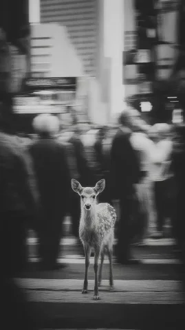 Fawn at Urban Intersection — Midjourney v6 AI Prompt: A scramble intersection in a business district. A fawn stands still in the middl...