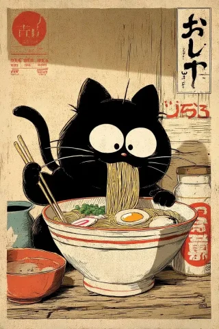 Kawaii Cat Ramen Poster — Midjourney v6 AI Prompt: Kawaii black cat eating ramen with chopsticks, vintage poster style in the style...