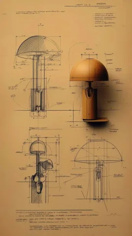 Retro HUGA Lamp Sketch — Midjourney v6 AI Prompt: Design sketch of the HUGA mushroom-shaped orange table lamp wide round dome top,...