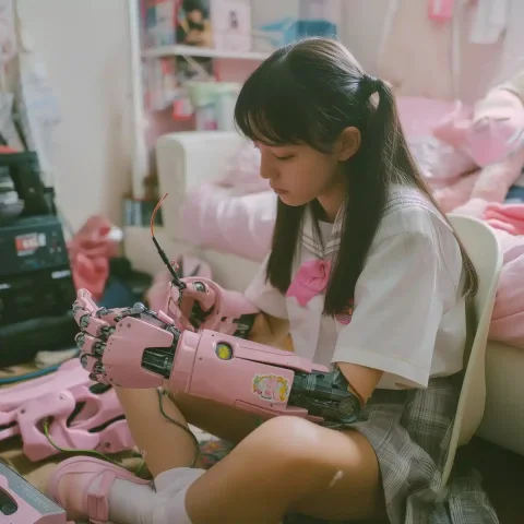 Candid Cyborg Schoolgirl Repair — Midjourney v6 AI Prompt: a young Tokyo cute female cyborg, in the style of cyborg, robotic hand, sitting...