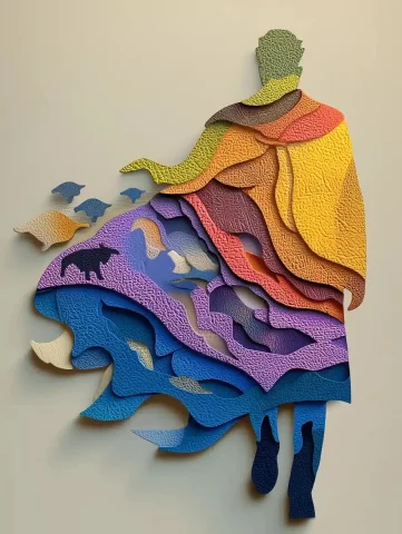 Animal Silhouette Papercut Composition — Midjourney v6 AI Prompt: ull-body human silhouette, facing the camera, composed of large elegant animal s...