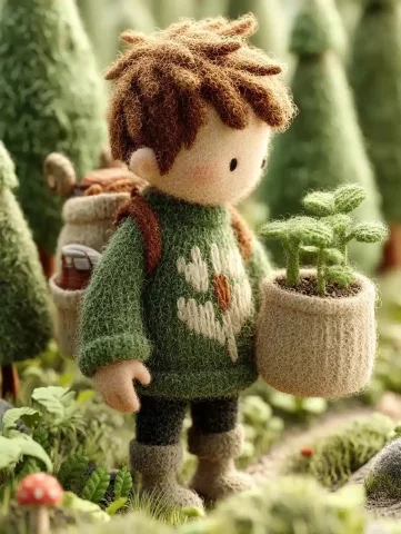 Miniature Boy with Flowerpot — Midjourney v6 AI Prompt: A boy wearing a flower - patterned sweatshirt, holding a flowerpot with saplings...
