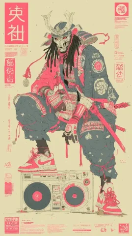 Samurai Rapper Magazine Poster — Midjourney v6 AI Prompt: A poster of a samurai RAPPER , Japanese magazine style, the samurai has a samura...