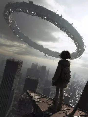 Apocalyptic Girl Under Space Station — Midjourney v6 AI Prompt: worms eye view four year old girl wearing primitive leather and fur clothes is s...
