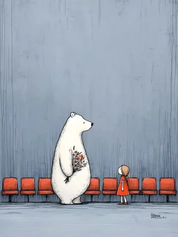 Bear with Flowers Illustration — Midjourney v6 AI Prompt: A touching illustration of a large white bear holding a bouquet of flowers, stan...