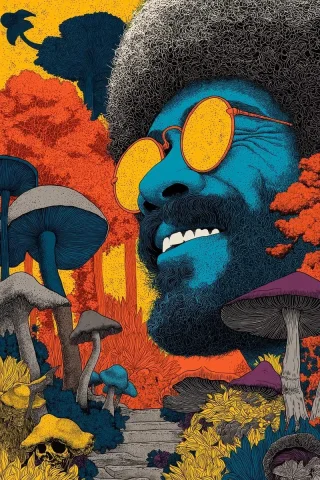 Trippy Bob Ross Poster — Midjourney v6 AI Prompt: hippie mushroom trippy blacklight poster the smiling face of Bob Ross in the mid...