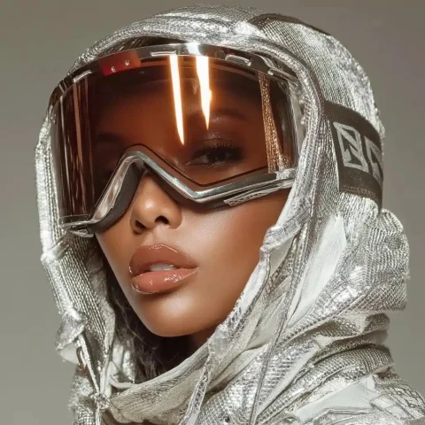 Hyperrealistic Cyberpunk Fashion Portrait — Midjourney v6 AI Prompt: futuristic fashion portrait of a model in silver metallic techwear hoodie and re...