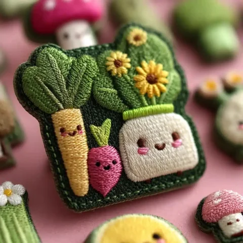 Cartoon Vegetables and Flowers — Midjourney v6 AI Prompt: White background, Velcro material, cartoon, cute, yellow flowers, green leaves,...