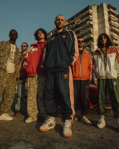 1980s Urban Youth Gathering — Midjourney v6 AI Prompt: A large group of tough young men hanging out in a 1980s French housing project (...