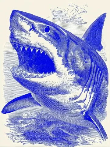 Halftone Shark Teeth Illustration — Midjourney v6 AI Prompt: vintage halftone image of a shark showing it's teeth --chaos 10 --ar 3:4 --style...