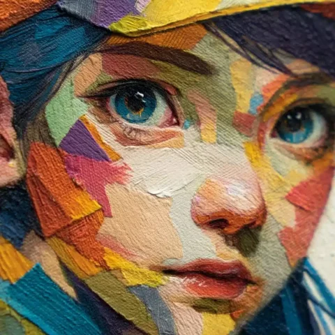 Geometric Collage on Chibi Face — Midjourney v6 AI Prompt: close-up of a vibrant geometric collage painted on a little girls chibi face, ha...