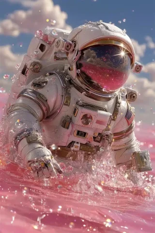 Astronaut in Pink Liquid — Midjourney v6 AI Prompt: ultra-photorealistic digital art, an astronaut in a detailed white and silver sp...