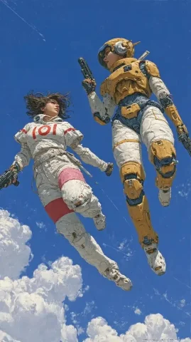Sci-Fi Duel in Sky — Midjourney v6 AI Prompt: In the blue sky, two girls are flying at each other in a duel. Both are in sci-f...