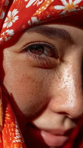 Photorealistic Portrait of Kyrgyz Woman — Midjourney v6 AI Prompt: A close-up of a young Kyrgyz woman’s eyes and part of her face, her expression s...