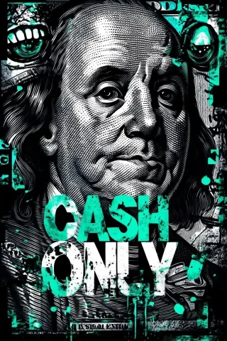 Monochrome Cash Graffiti — Midjourney v6 AI Prompt: Create a Design for a clothing brand that reads "CASH ONLY" over a graphic of Be...