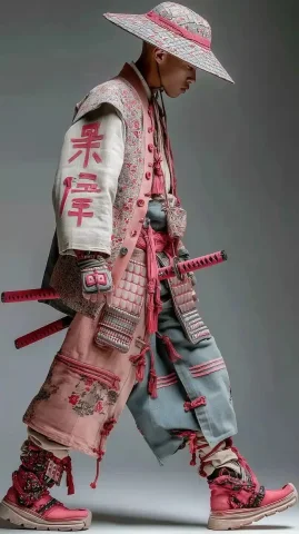 Profile of Samurai Fusion — Midjourney v6 AI Prompt: A young man in Japanese clothing walking in profile, he has a Japanese-style hat...