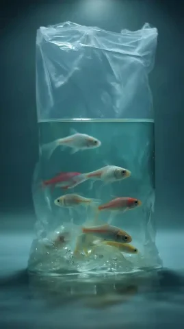 Raw Water Bag with Fish — Midjourney v6 AI Prompt: plastic bag full of water with fish inside --ar 9:16 --style raw --v 7 --profile...