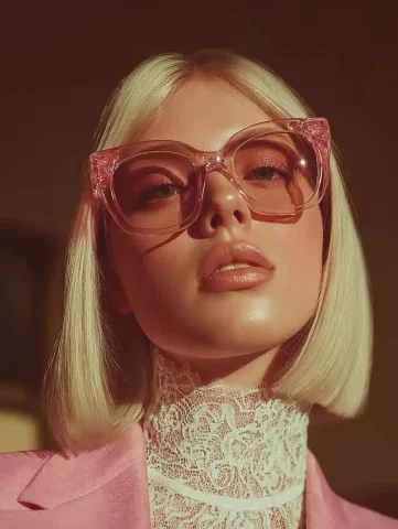 Fashionable Woman in Vogue Photography — Midjourney v6 AI Prompt: A stylish young woman in a fashion-forward setting, wearing translucent pink sun...
