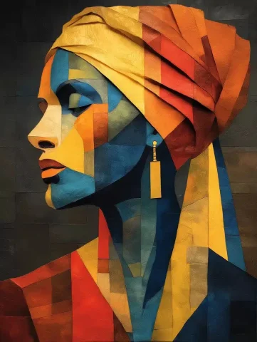 Cubist Portrait of African Woman — Midjourney v6 AI Prompt: a cubist style portrait (Picasso) made of multi-media (such as paint, cloth, gra...