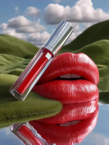 Surreal Landscape with Glossy Lips — Midjourney v6 AI Prompt: a hyper-realistic surreal landscape where giant glossy red human lips are seamle...