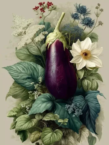 Graphic Eggplant with Flora — Midjourney v6 AI Prompt: A poster with an eggplant surrounded by plants, flowers, and vegetables, surroun...