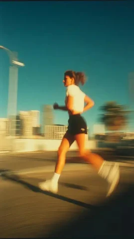 Blurry Athlete in Motion — Midjourney v6 AI Prompt: A blurry photograph of a female athlete running, wearing black shorts and white...