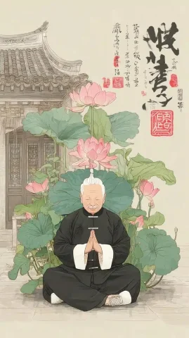 Elderly Man with Lotus — Midjourney v6 AI Prompt: Create an illustration in the style of traditional Chinese art. Depict an elderl...