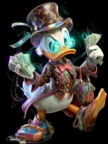 Detailed Scrooge McDuck in Vuitton — Midjourney v6 AI Prompt: adult Scrooge McDuck using Louis Vuitton, full body, holding money in his hands,...