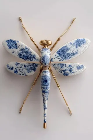 Surreal Porcelain Dragonfly — Midjourney v6 AI Prompt: A porcelain dragonfly with blue and white floral patterns, gold metal legs, and...
