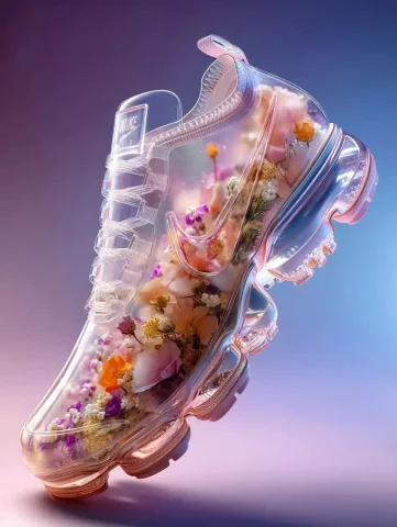 Transparent Nike Air Floral — Midjourney v6 AI Prompt: a photo of a Nike Air shoe, the Nike Air shoe is made of transparent epoxy resin...
