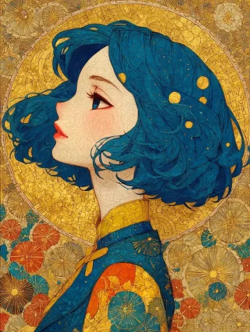 Anime Girl in Klimt Style — Midjourney v6 AI Prompt: in the style of Gustav Klimt,Der Kuss,fullbody,romantic drawing with gold and ma...