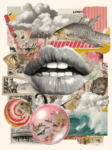 Collage Lips with Miniature Worlds — Midjourney v6 AI Prompt: Striking Collage Graphic Masterpiece: Modern Ink Art Fusion A pair of lips blowi...