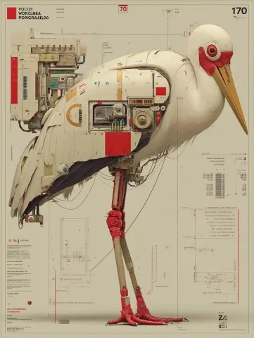 Robotic Stork in Poland — Midjourney v6 AI Prompt: Polish language models, robotic stork (poland colors, top is white, red is botto...