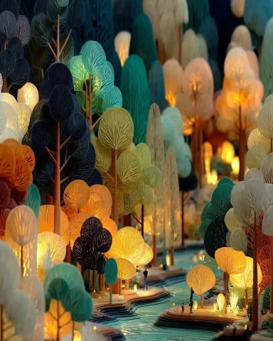 Cartoonish 3D Forest Landscape — Midjourney v6 AI Prompt: a landscape of a cartoonish glass 3d forest with a lot of details with some myst...